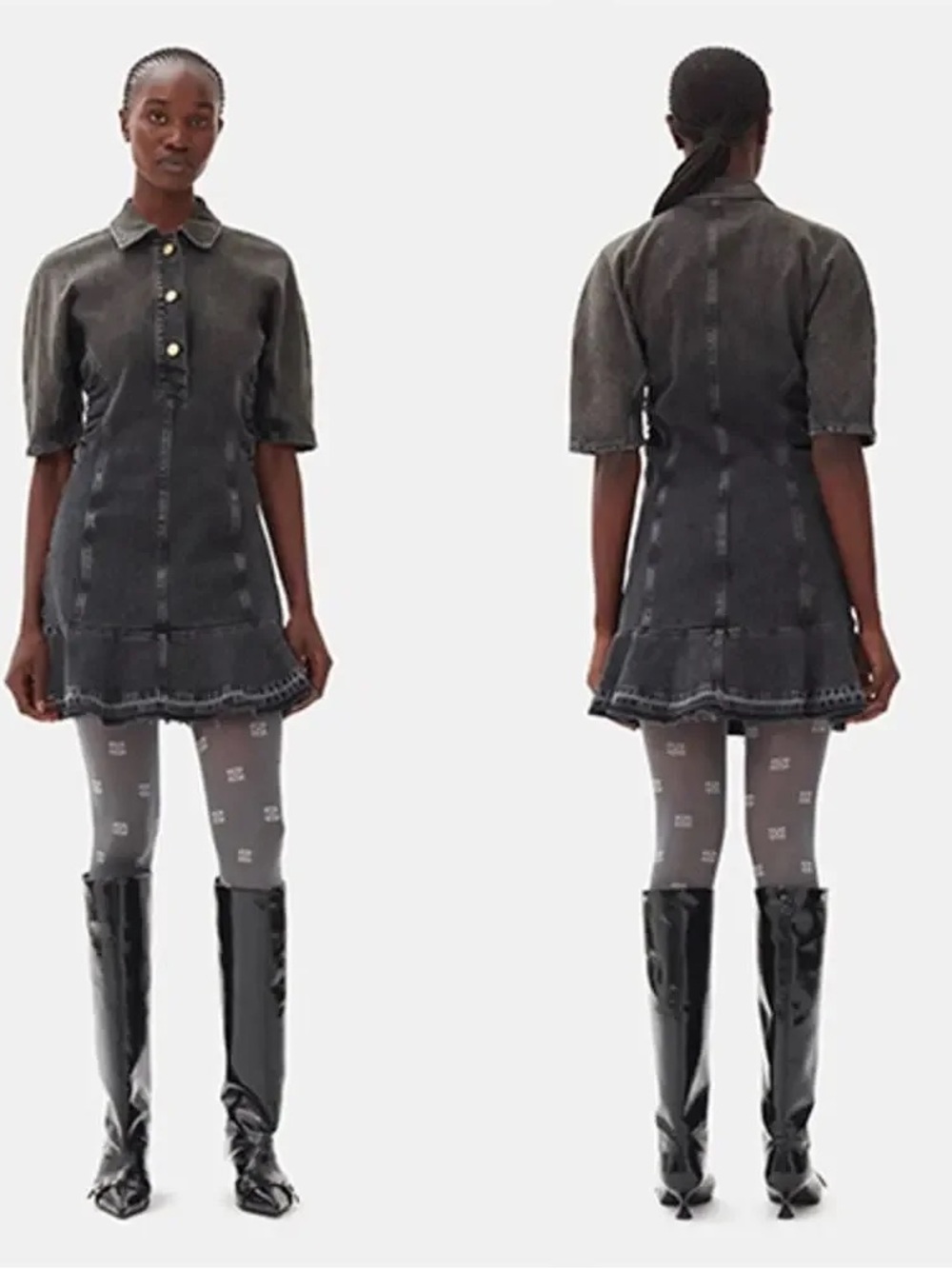 Ganni Black Washed Denim Short-Sleeve Ruffle-Hem Dress